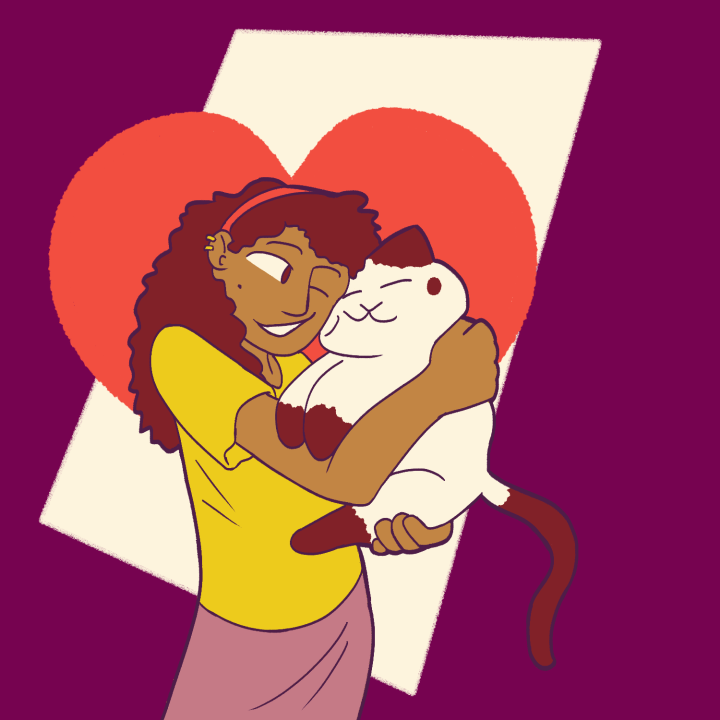 a hispanic girl hugging her pet cat up to chest with a heart framing the two.  the girl has thick and curly hair and a mole on the left of her face.  her cat is white with black ears and foot markings, with a single dot on the right of it's face. 